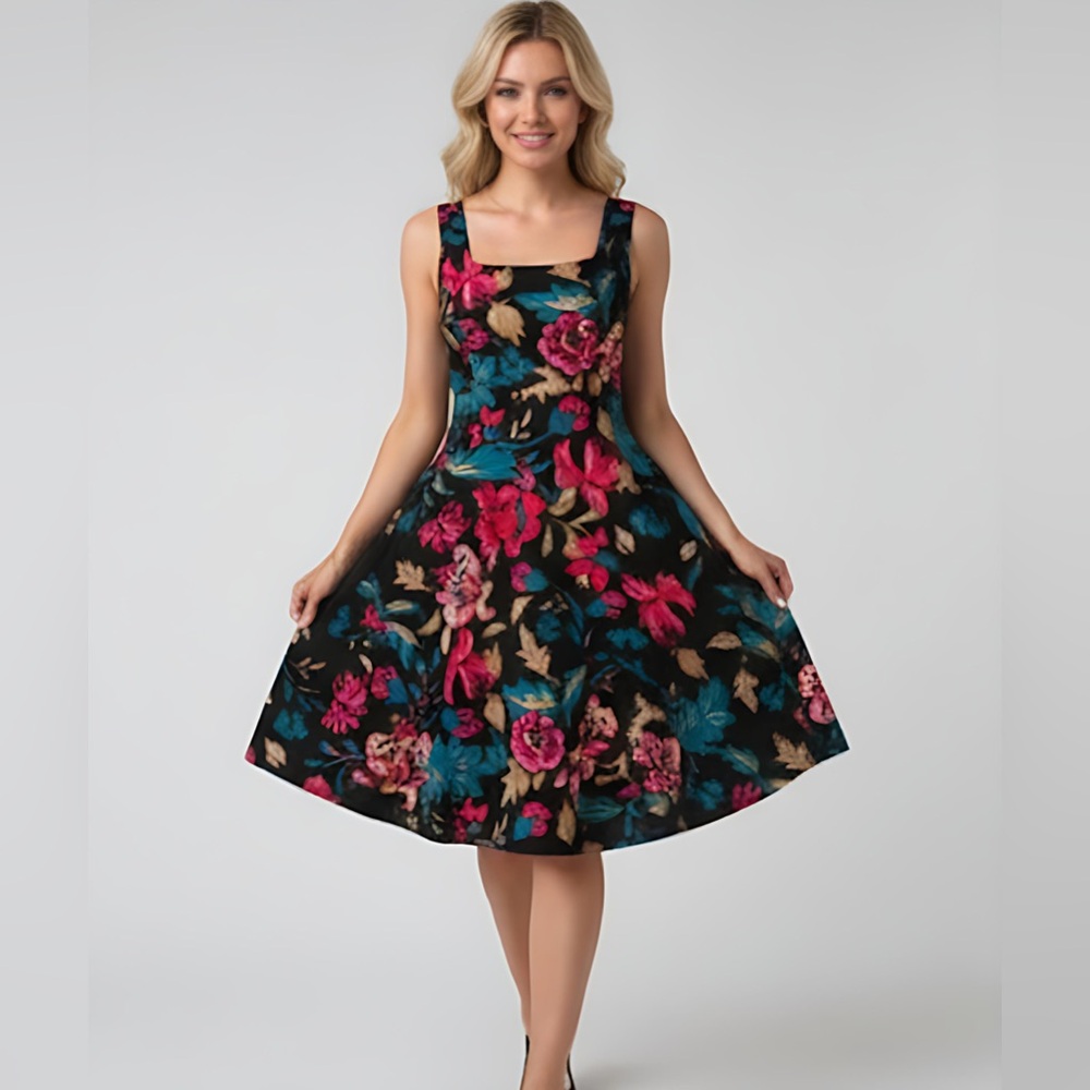 Floral Print Square Neck Sleeveless A Line Dress